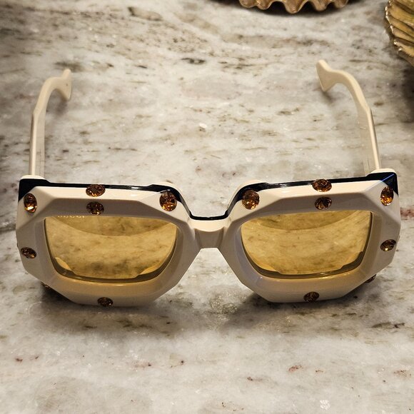 RARE GUCCI HOLLYWOOD FOREVER OVERSIZED SQUARE IVORY MASK EMBELLISHED SUNGLASSES - Picture 5 of 11